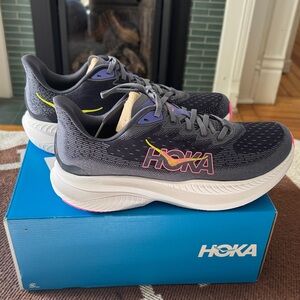 Hoka Women's Charcoal Gray Running Shoes with Pink and Yellow Accents